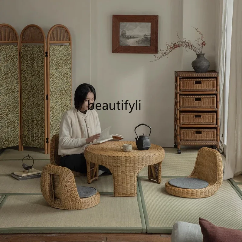 Rattan Art\ Rattan Braided Japanese Homestay Tea Room Tatami Balcony Coffee Table and Chair Combination