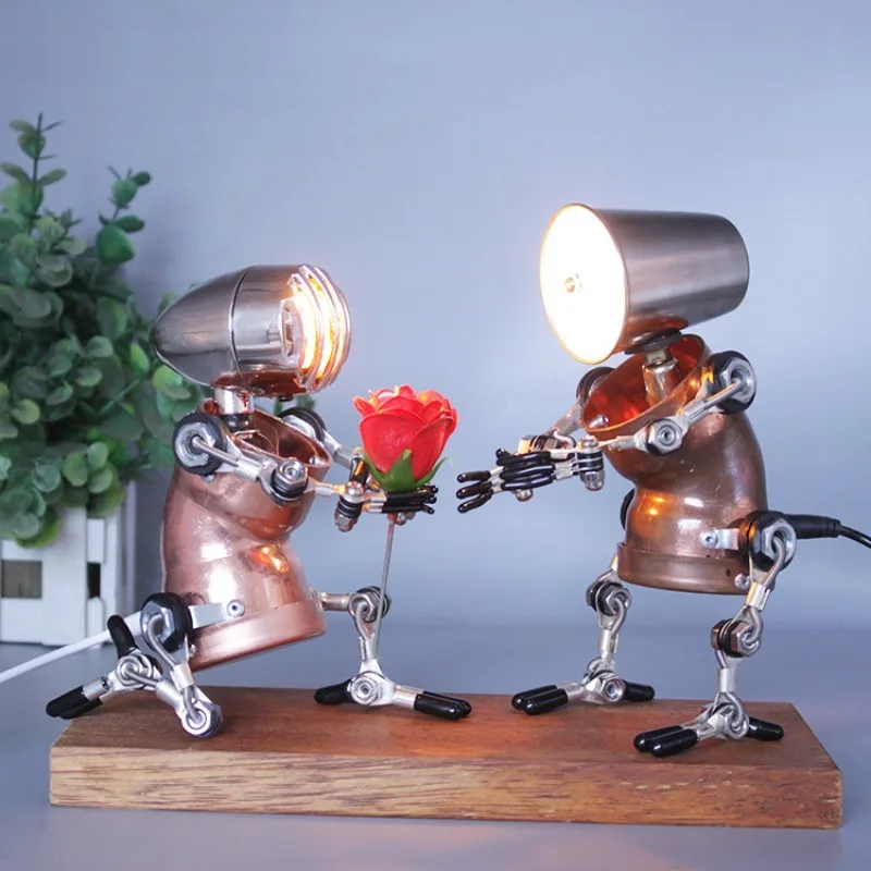 Steampunk Industrial Metal Robot Table Lamp Handmade Creative Desktop Ornament Romantic Gift for Valentine's Day Proposal Decor