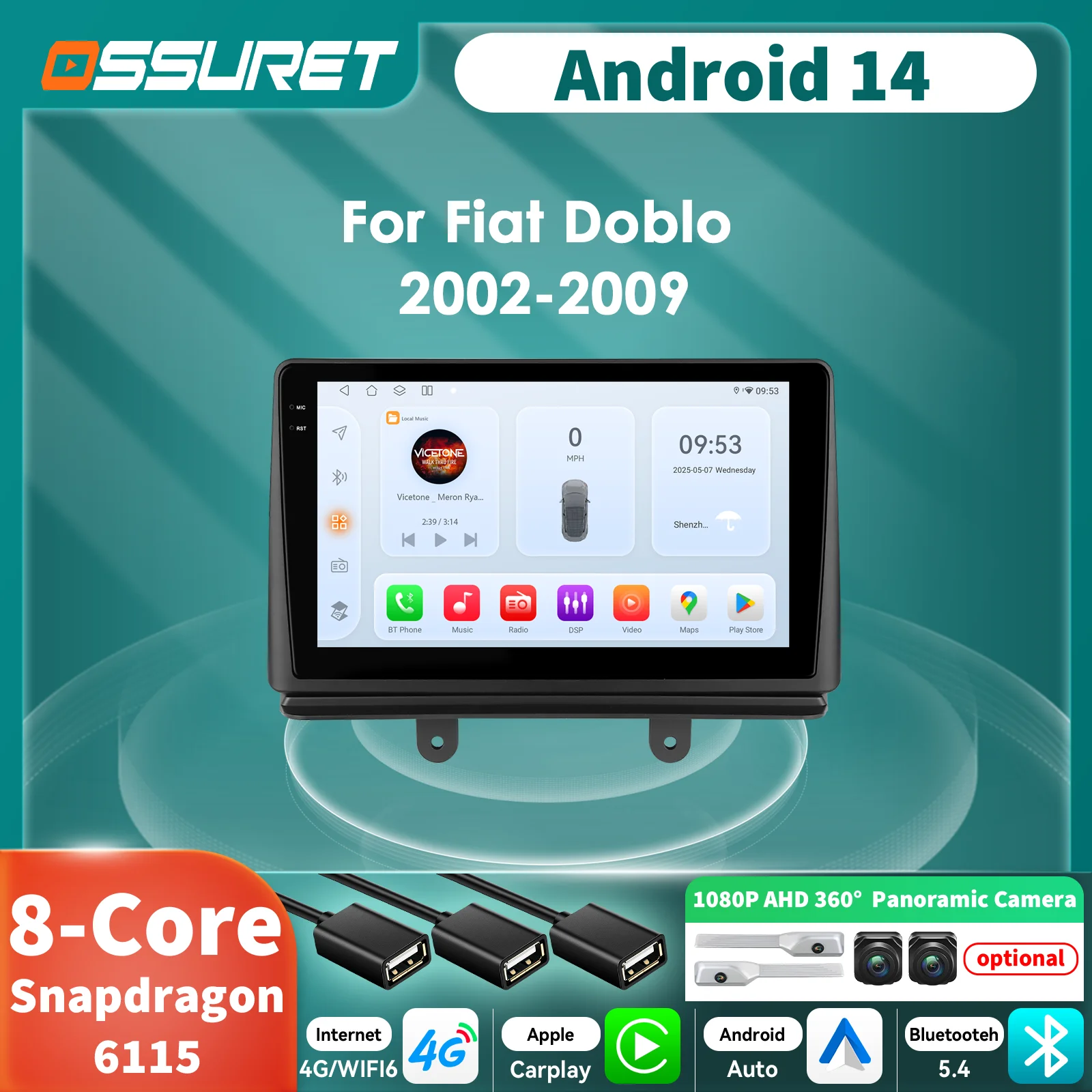 Android 14 for Fiat Doblo 2002 - 2004 2005 2006 2007 2008 2009 Autoradio Multimedia player 6115 8Core Car radio GPS navi Carplay