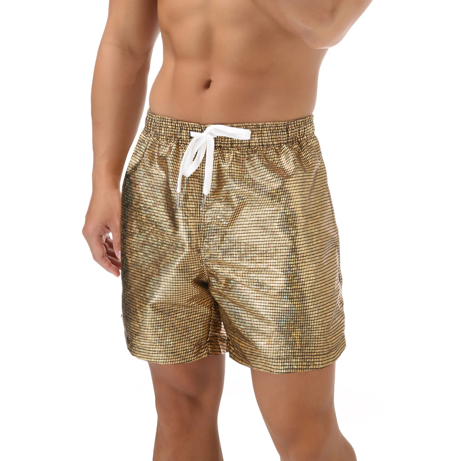 

European Size Men's Beach Shorts, Sparkling Glitter Swim Trunks, Elastic Waist Quick Dry Loungewear & Casual Sport Pants