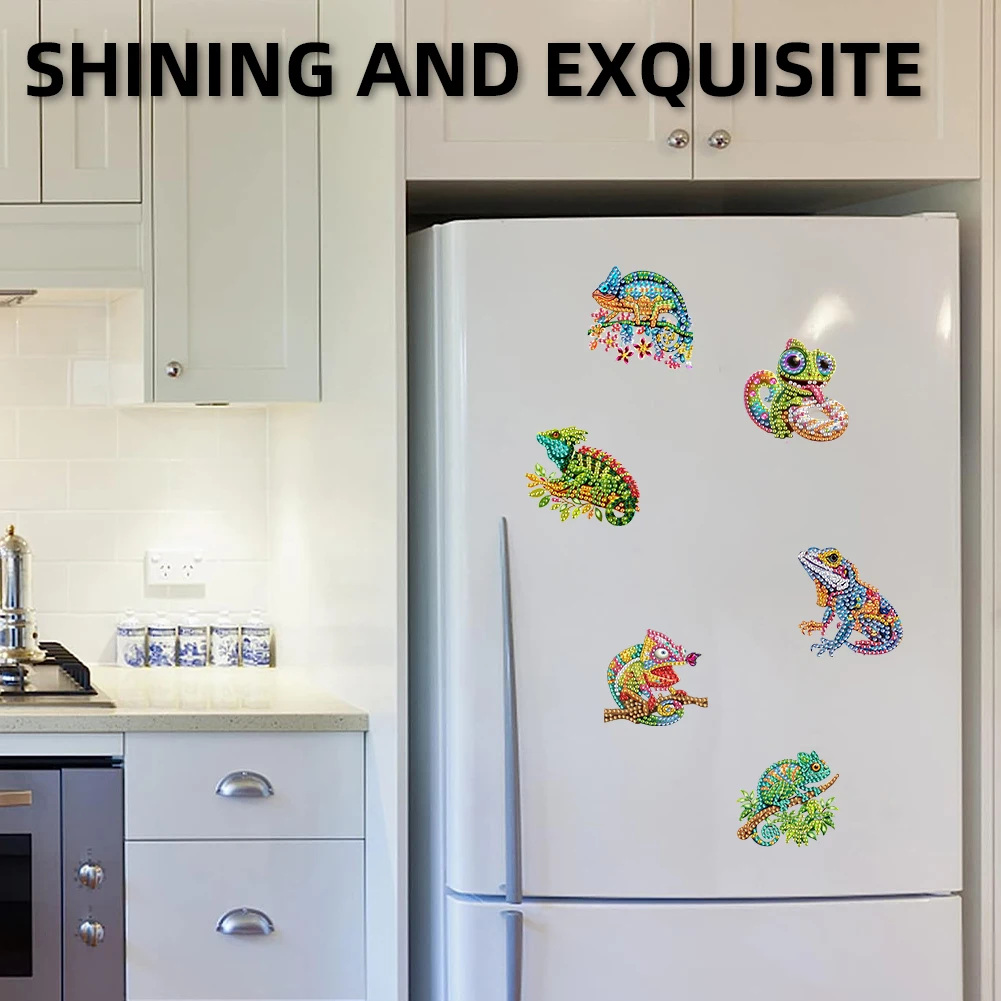 

6Pcs Acrylic 2D Flat Chameleon Diamond Art Magnets Decals Diamond Painting Refrigerator Magnet Diamond Painting Fridge Magnet