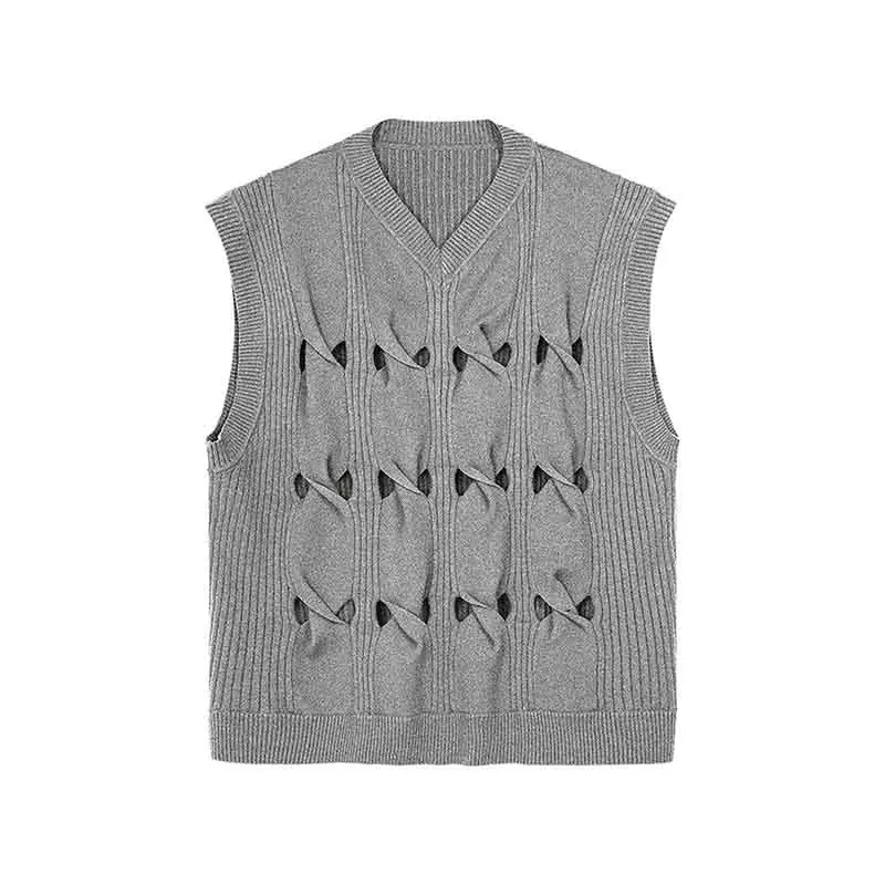 3d Twist Flower Men Sweater Vest Spliced Hollow Out Tank Tops Fashion Harajuku Oversized Couple Clothing Streetwear Gray Green