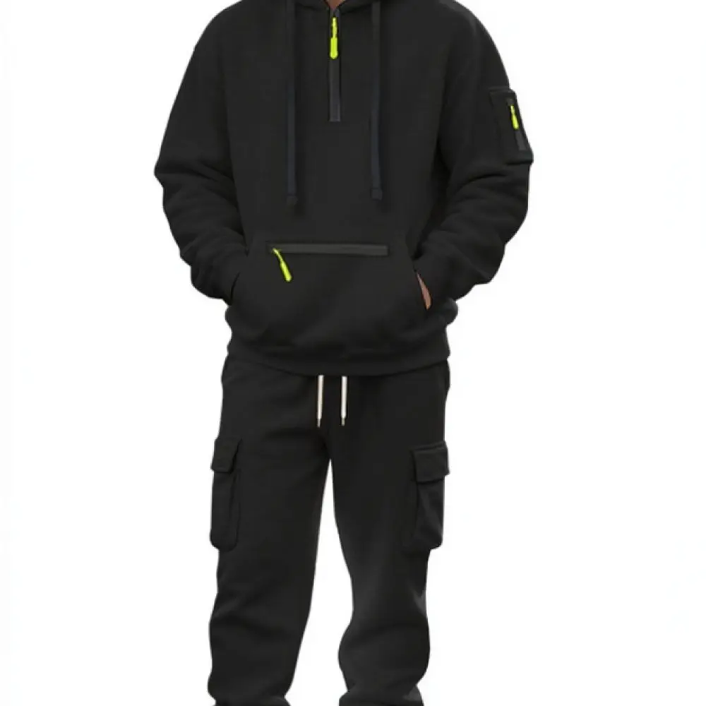 Mens Winter Fleece Tracksuit Set Long Sleeve Hoodie Cargo Trousers Loose Fit Casual Sportswear Outdoor Running Jogger Outfit