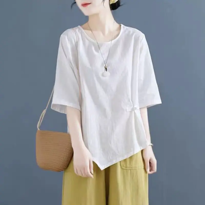 Women Summer Simplicity Loose Large Size Appear Thin Irregular Cotton and Linen T-Shirt Ladies Casual O-neck Short Sleeve Tops