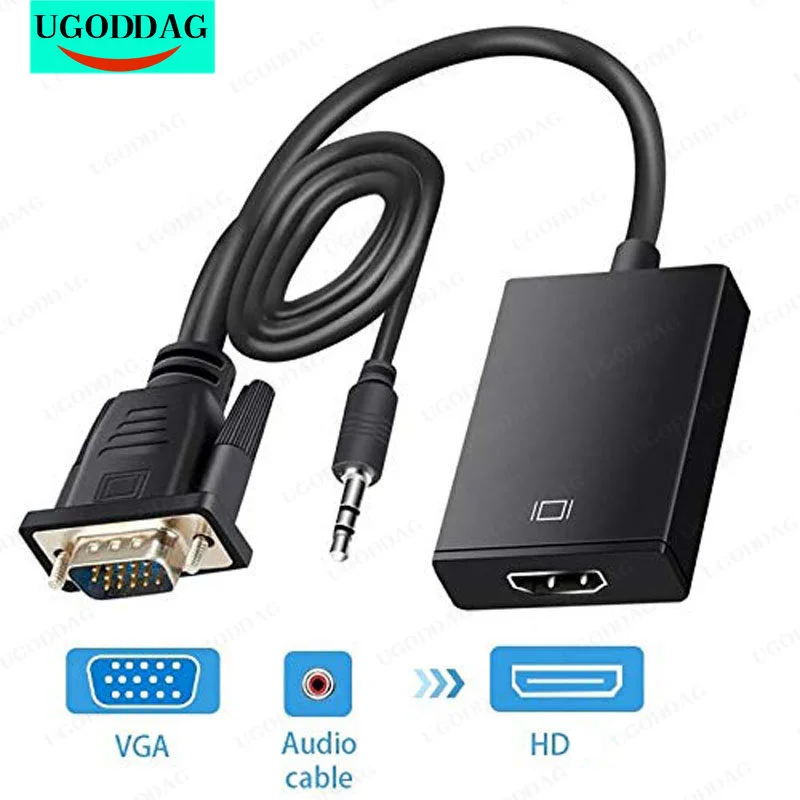 อะแดปเตอร์ที่เข้ากันได้กับ VGA HDMI สำหรับเชื่อมต่ออินเตอร์เฟซ VGA แล็ปท็อปกับ HDTV ตัวผู้ไปยัง HDTV ตัวเมียตัวแปลงสัญญาณเสียง3.5มม.