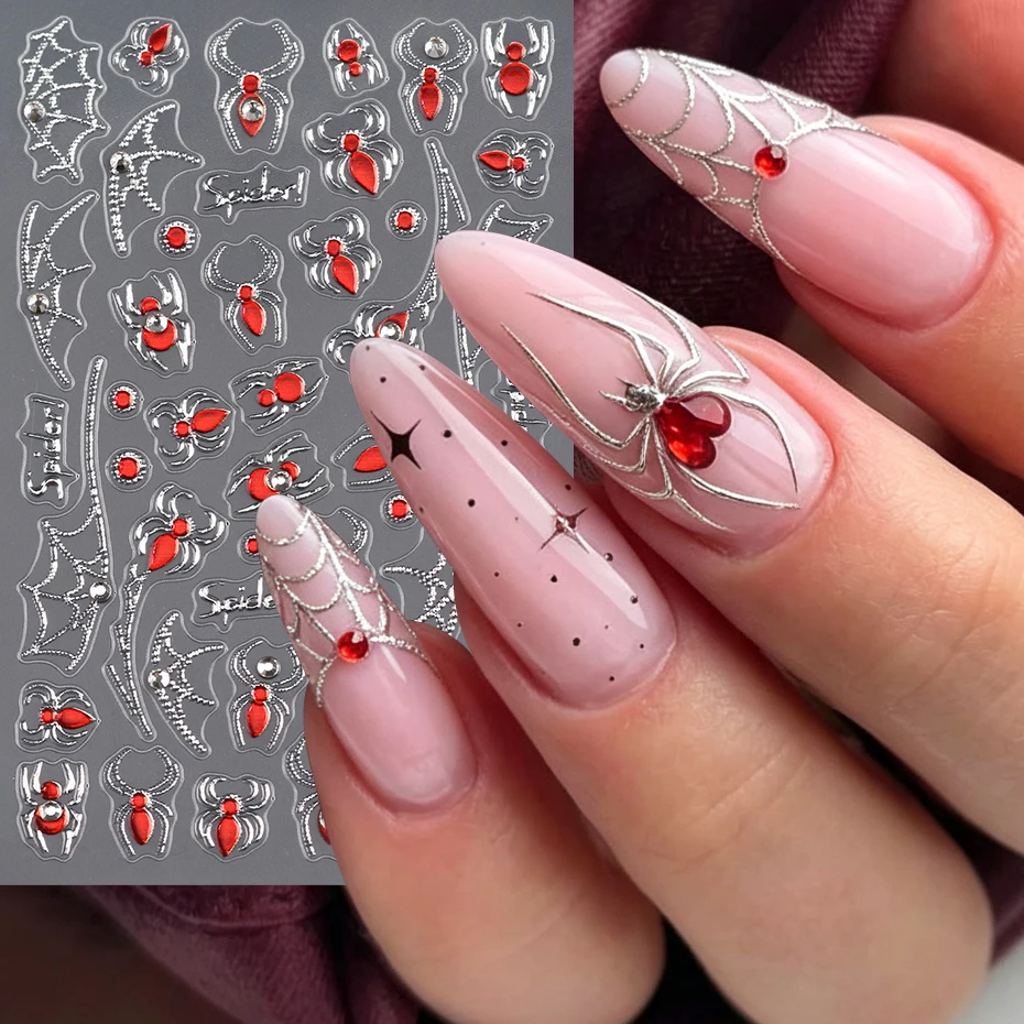 2 pcs 5D Embossed Horror Mouth Lips Red Spiders Nail Stickers Halloween Y2K Spider Web Bleeding Blood Flame Nail Decals view 3