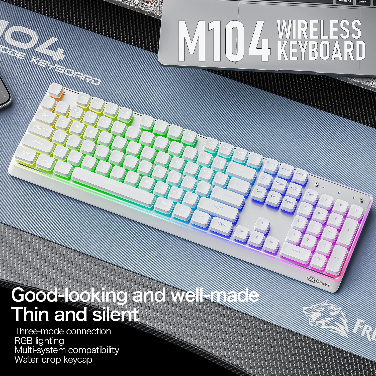 FREEWOLF M104 Slim Silent Office Keyboard 4000mAh Rechargeable Multi-System Compatible with Windows Mac Android