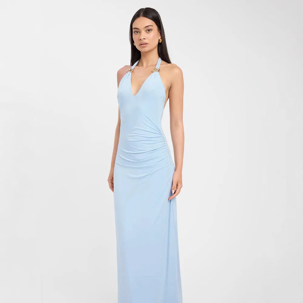 2025 Summer New Women's Solid Color V Neck Sexy Backless Ring Halter Dress Sleeveless Bodycon Midi Party Dress