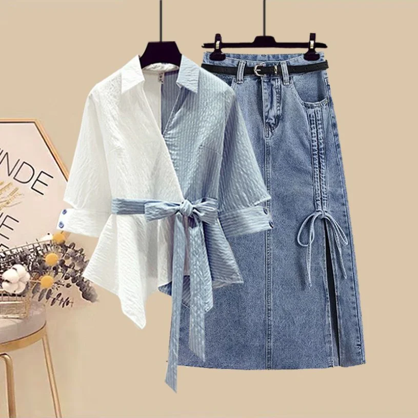 Spring/Summer Set Women\'s 2023 New Large Women\'s Slim Fit Slim Striped Shirt Denim Half Skirt Two Piece Set Fashion