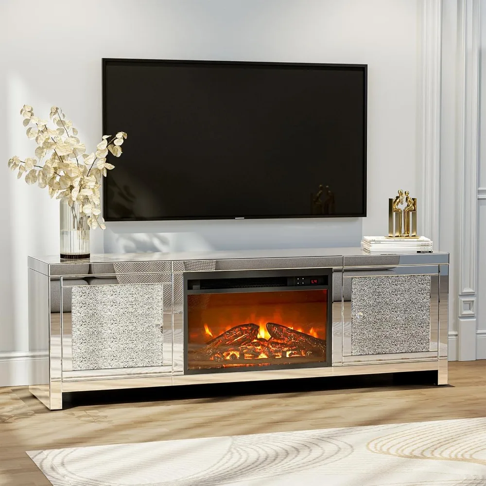 

Mirrored TV Stand with Fireplace, Silver TV Stand for 65+ Inch TV, Electric Fireplace with LED, Mirrored Entertainment Center