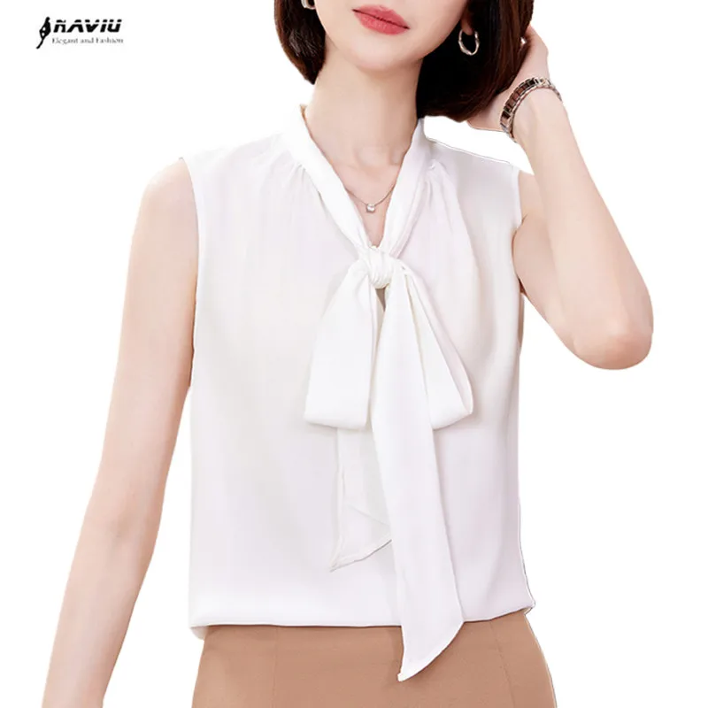 

NAVIU Fashion White Chiffon Shirts Blusas Mujer De Verano Lace Up Bow Tie Sexy Elegant V Neck Blouses Tops Sleeveless Black