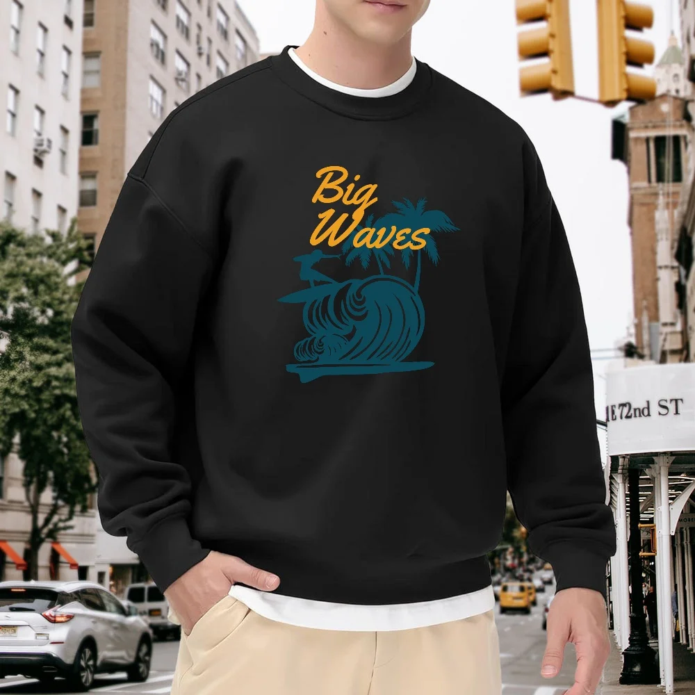 

Men's Black Crew Neck Loose Sweatshirt with Wave Print, Casual Top, Comfortable and Breathable Street Style Pullover, Versatile Trendy Item for Everyday Wear
