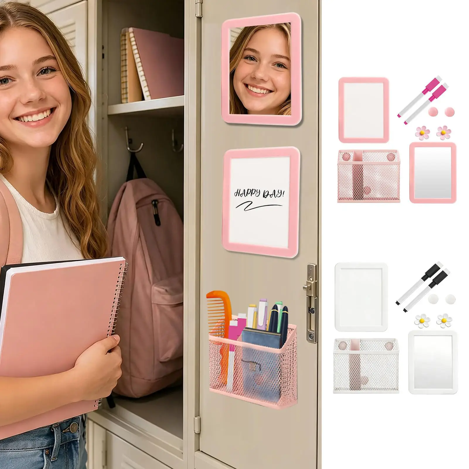 Locker Accessories for Girls Cute Mirror Dry Erase Markers Pen Holder Magnetic Fridge Decor School Classroom Dorm Office Gym