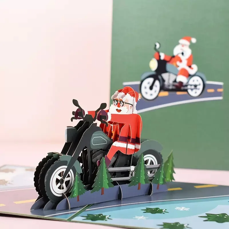 Pop up Christmas motorcycle greeting card customized holiday postcard simple appearance 3D cartoon gift Merry Christmas