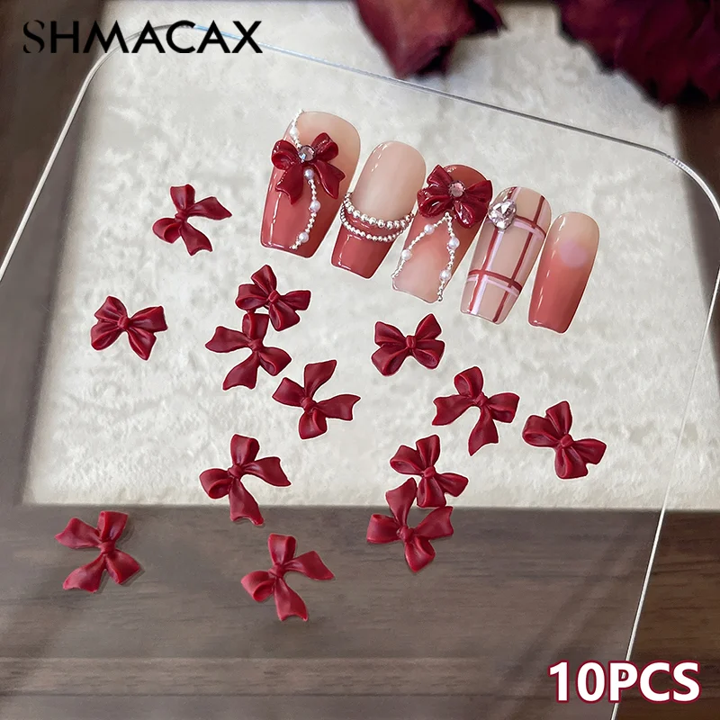 10pcs Bow Resin Nail Art Decoration Claret 3D Long Ribbon Bowknot Ornament Nail Charm Jewelry Design Kawaii DIY Accessories