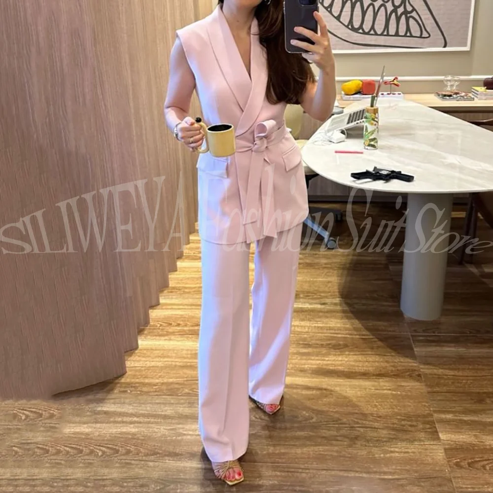 Light Pink Woman Pant Suits Smart Casual 2 Pieces Vest Pants Office Tuxedos Fashion Trousers Ladies Suit Conjuntos De Mujer