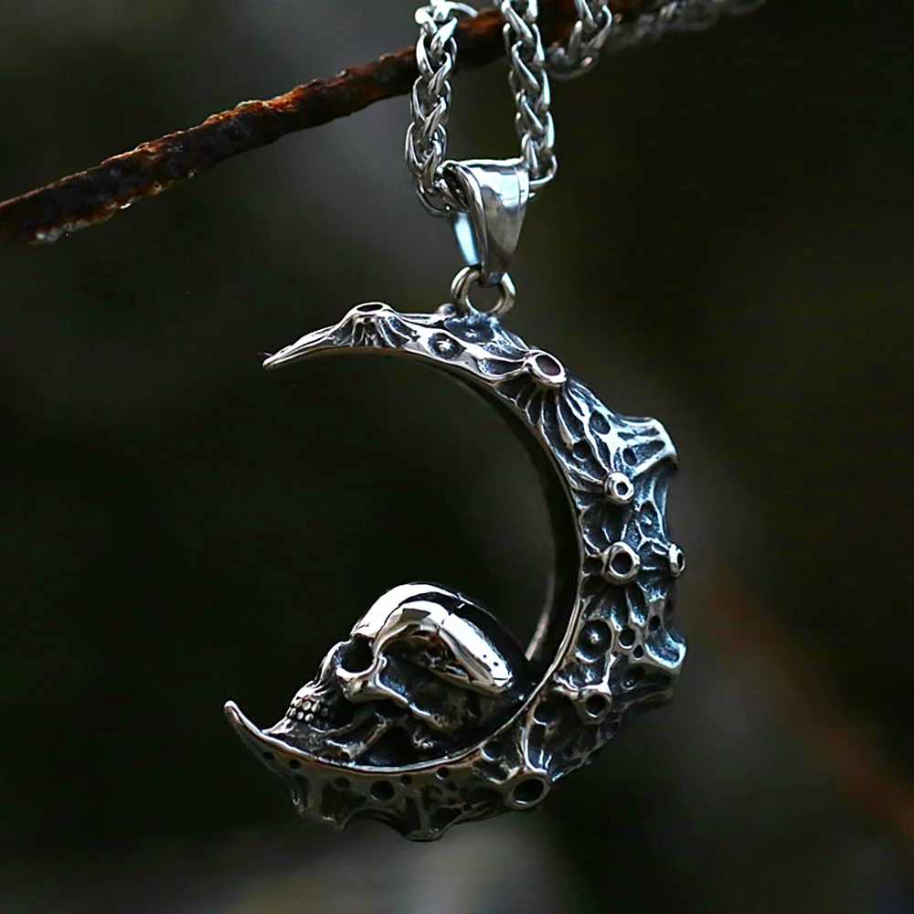 Gothic Vintage Edelstahl Crescent Schädel Anhänger Halskette Für Männer Jungen Punk Hip Hop Mode Kreativität Schmuck Dropshipping
