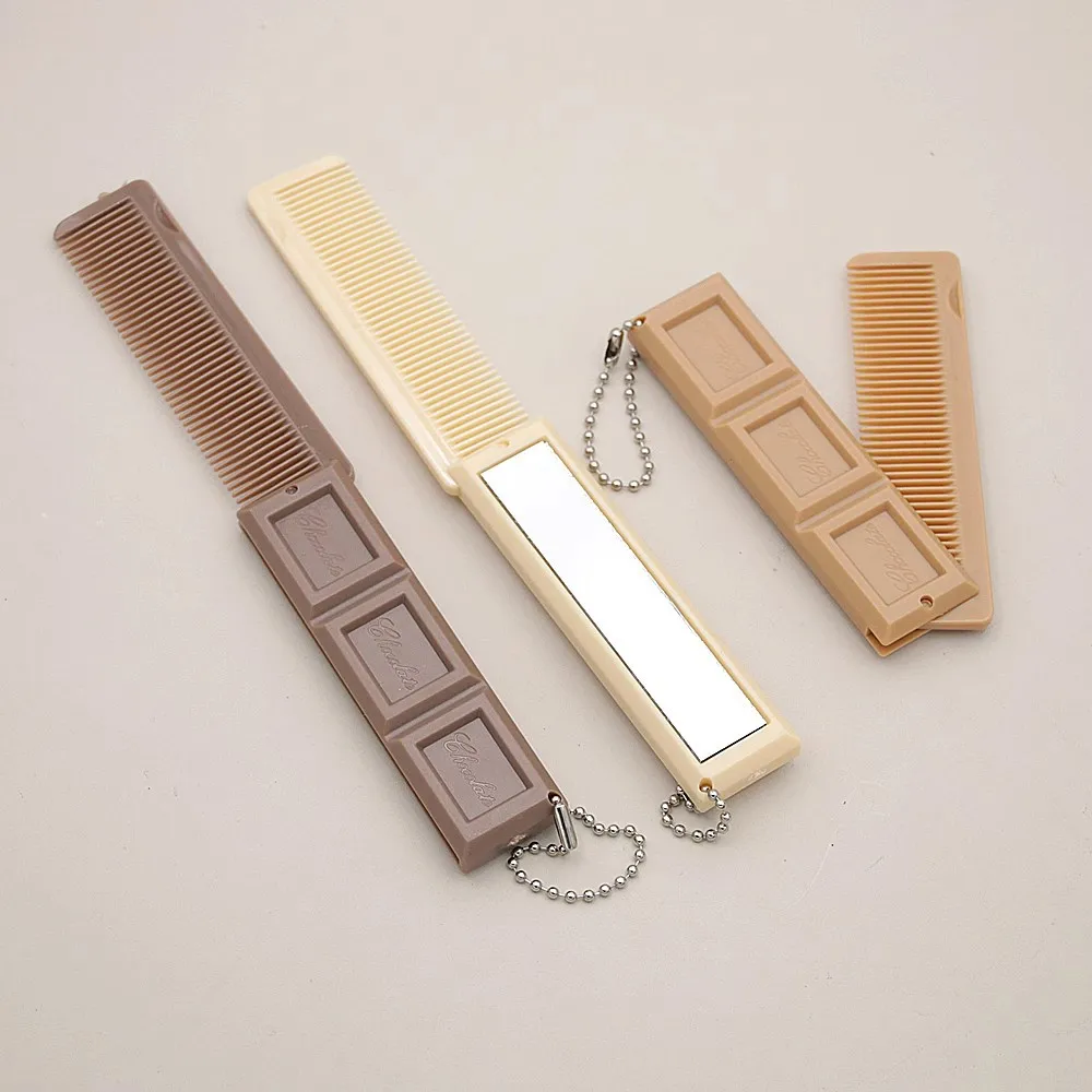 1PC Cute Chocolate Bar Shape Pocket Comb With Mirror Portable Mini Hair Brush For Women Girls Travel Daily Hair Care Tool