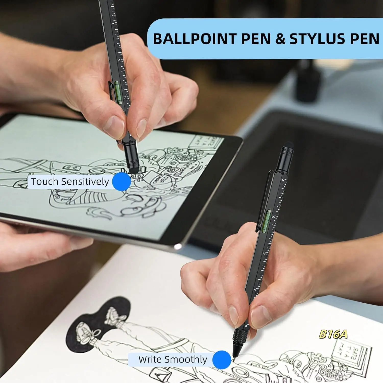 Stylo multi-outils Gadgets sympas, stylo nouveauté avec stylet, niveau, règles, tournevis, cadeaux d'anniversaire pour papa mari noir Durable