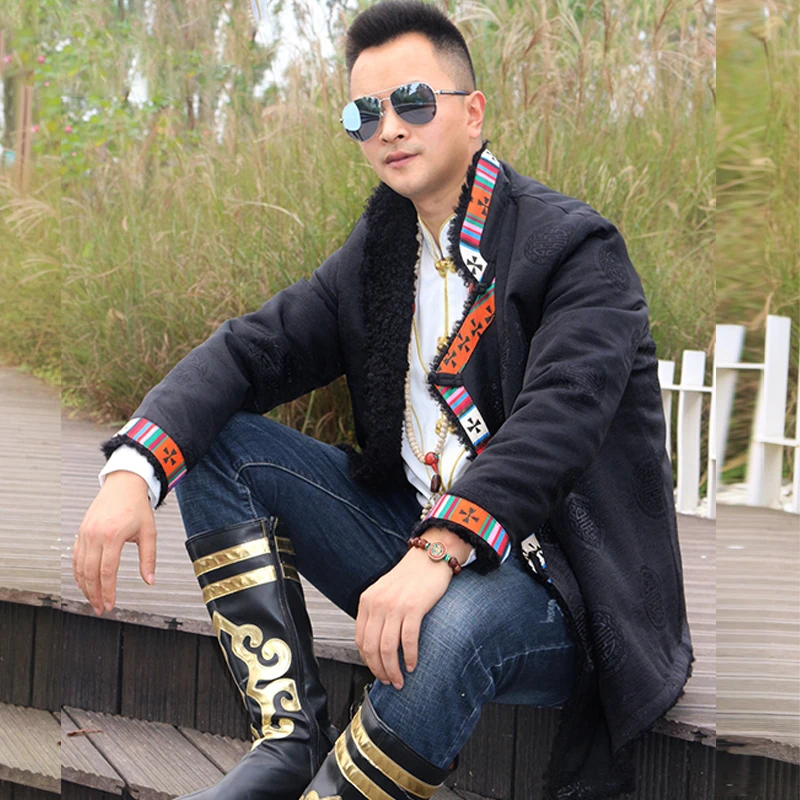 

New Tibetan Robe Men's Winter Costumes Fleece-Lined Warm Short Ethnic Style Clothing