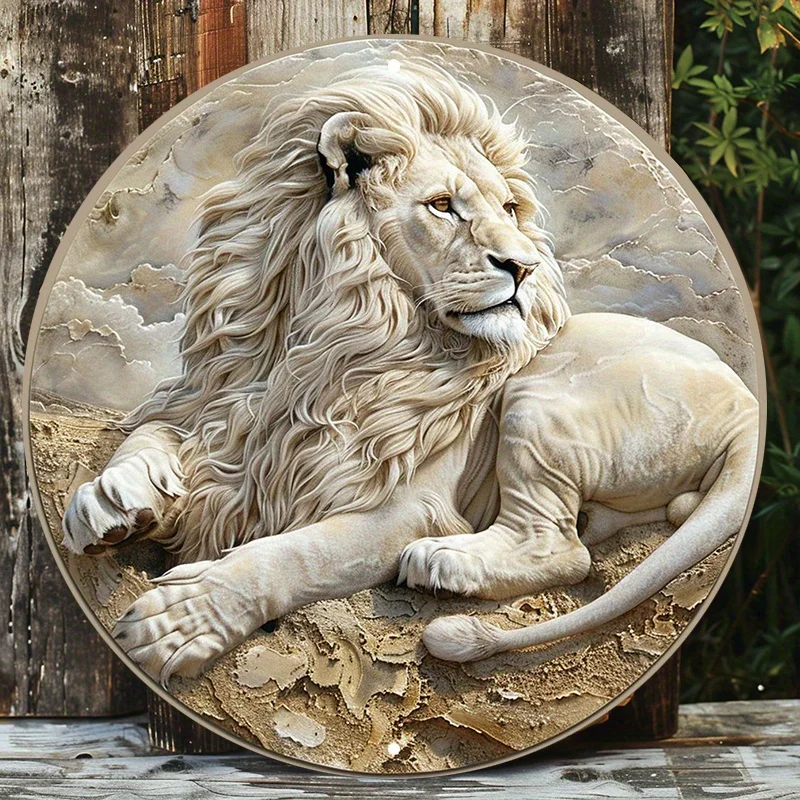 Aluminum Metal Sign with African Lion Painting, Round Door Hanger, Wall Decor, Waterproof and Weather Resistant, HD Print