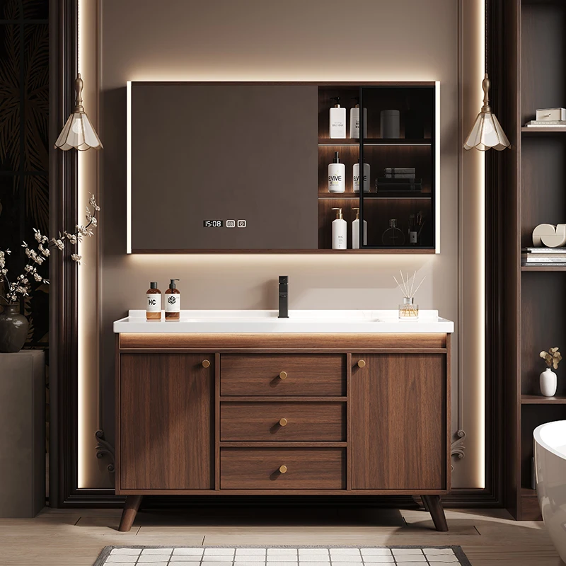 

Medieval Walnut Bathroom Cabinet Combination Ceramic Integrated Basin Floor-to-ceiling Toilet Hand And Face Wash Basin