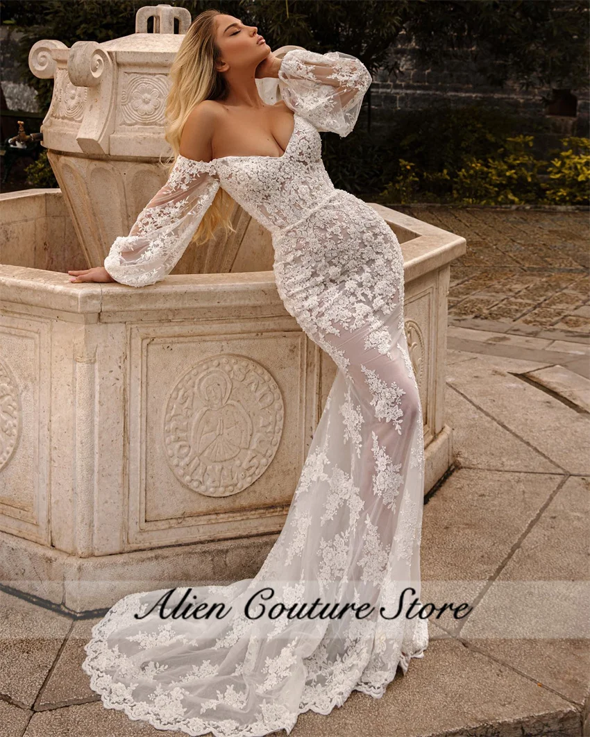 Splendido abito da sposa a sirena maniche lunghe perline perle applicazioni in pizzo elegante vestido de noiva abito da sposa formale personalizzato