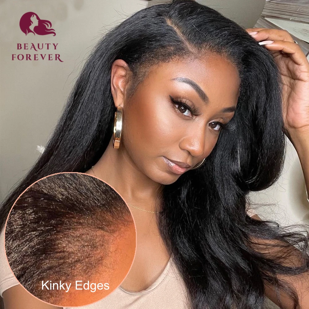 

Clearance Sale Kinky Straight Human Hair Wig Kinky Edges 13x4 Brazilian Transparent Lace Frontal Wig Remy Hair Density 180%