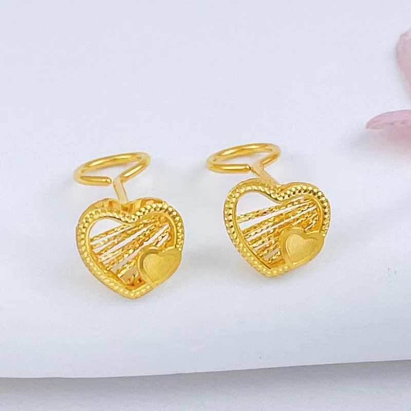 

Pure 999 Real 24K Yellow Gold Earrings Stud 5G Filigree Loving Heart Earrings Post Hook /2.1-2.2g