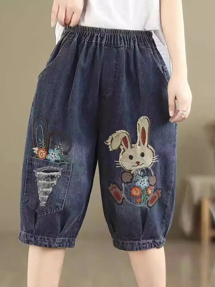 

Harlan orts с высокой талией, женские летние тонкие свободные повседневные зауженные джинсы с мультяшной этнической вышивкой, пятиточечные orts