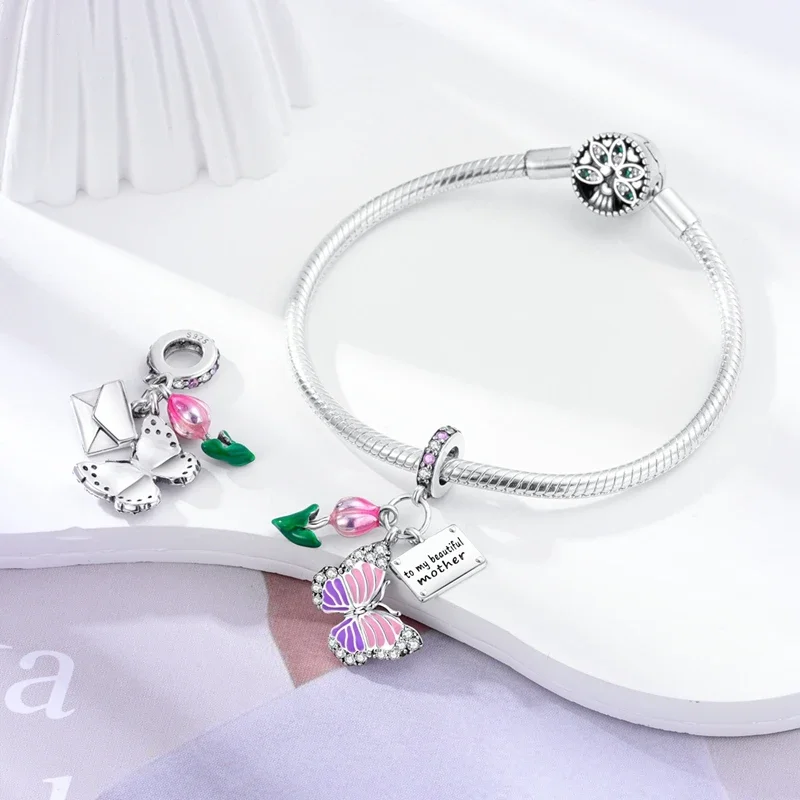 

Подвески из серебра 925, розово-фиолетовые бусины-бабочки-тюльпаны, подходят для подвесок Plata 925, оригинальные бусины для браслета, женские ювелирные изделия