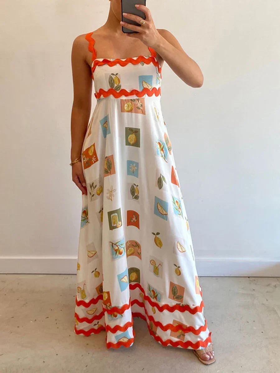 Robe longue à imprimé vintage pour femmes, style Boho, dos nu, fluide, smockée, trapèze, mi-longue, été 2024