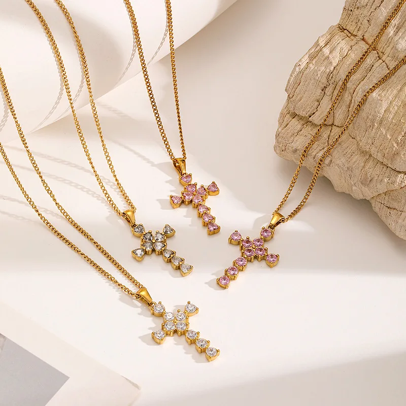 

Stainless Steel 18K Gold Plated Zirconia Cross Pendant Necklace Women Fashion Retro Design Popular Jewelry Accessory