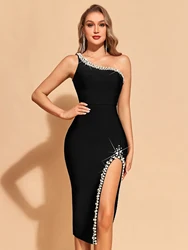 Women's Pearl Beading One Shoulder Tight Bodycon Bandage Dress,Gorgeous Split Midi Zipper Back Sleeveless Dress