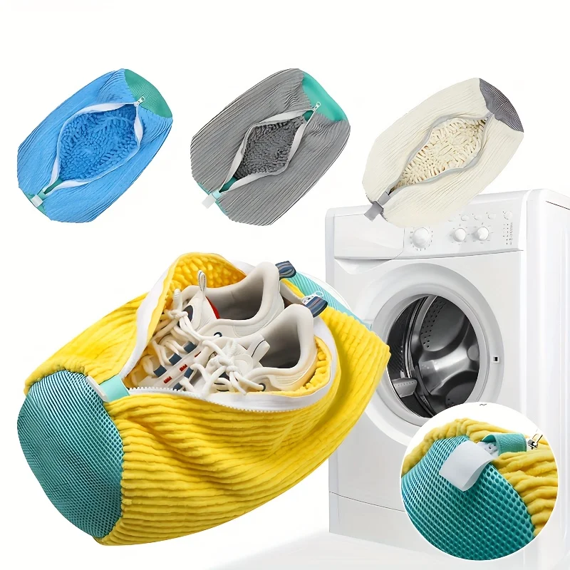 Durable Mesh Shoe Wash Bag With Zipper Rich Fluff Interior Sneaker Protector For Washing Machine Dryer Travel Shoe Storage Organ