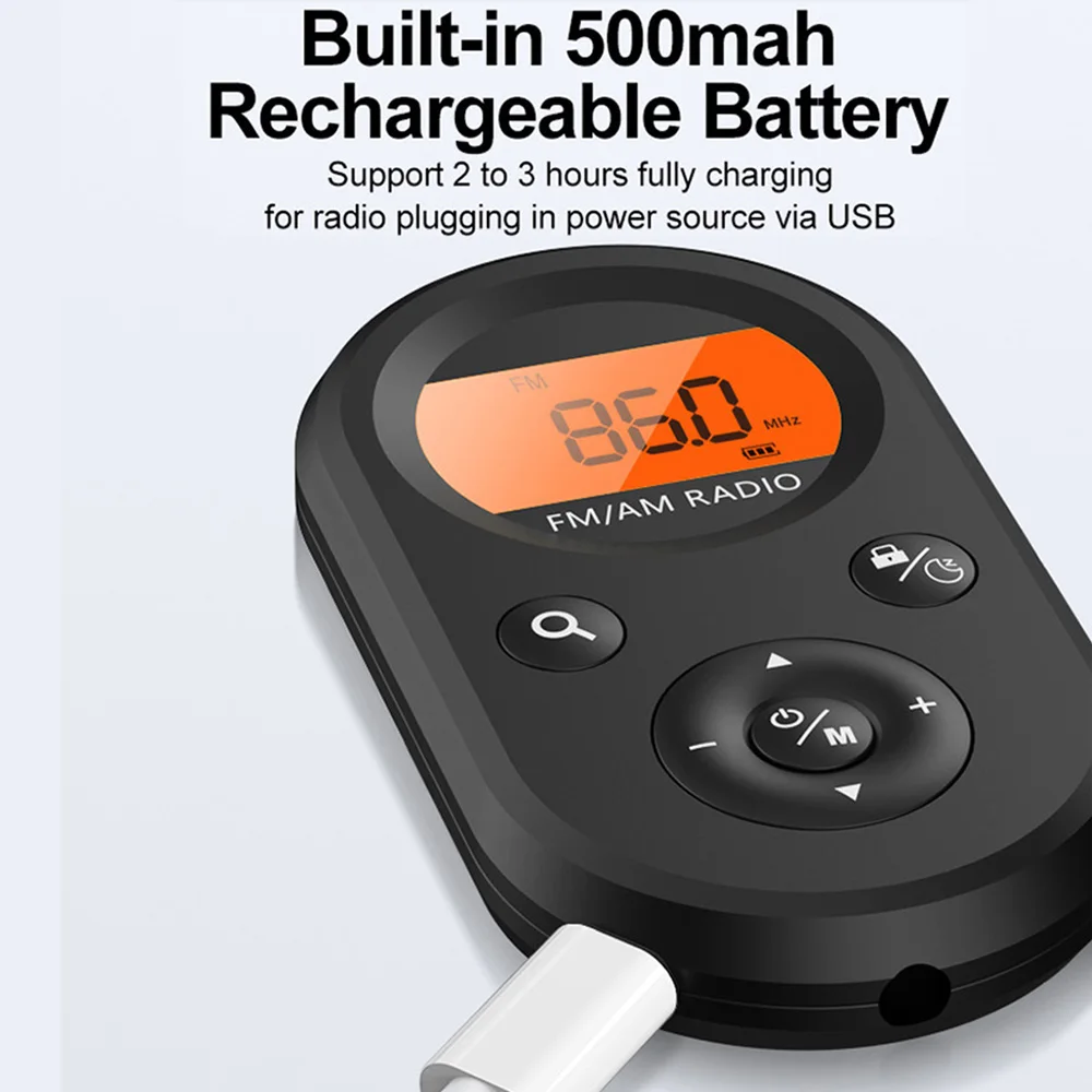 Rádio de bolso recarregável com bateria de longa duração, rádio AM/FM portátil, fone de ouvido estéreo, temporizador de sono, transistor digital pequeno
