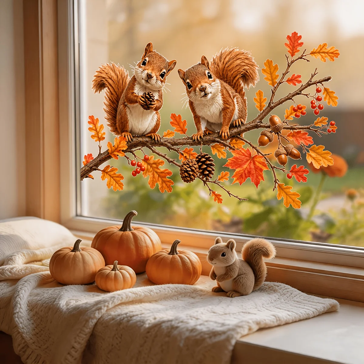 1pc Maple Branch Squirrel Acorn Window Sticker, Self Adhesive Fall Autumn Thanksgiving Halloween Home Decor Window Decal