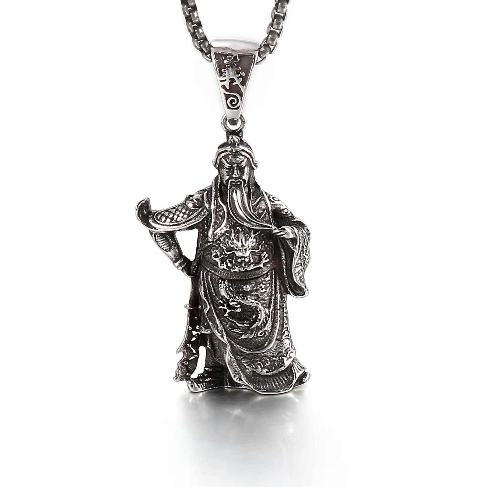 Fongten Ethnic Style Stainless Steel Innovative Vintage Guan Yu Loyalty Martial Valor Pendant Necklace Mythical Stories Gift
