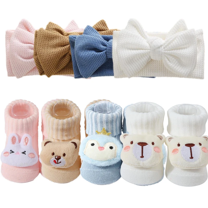 

2pcs 0-6 Months Baby Headband Newborn Socks Set Baby Girl Bows Headwear Cute Cartoon Animal Sock Children's Accessories
