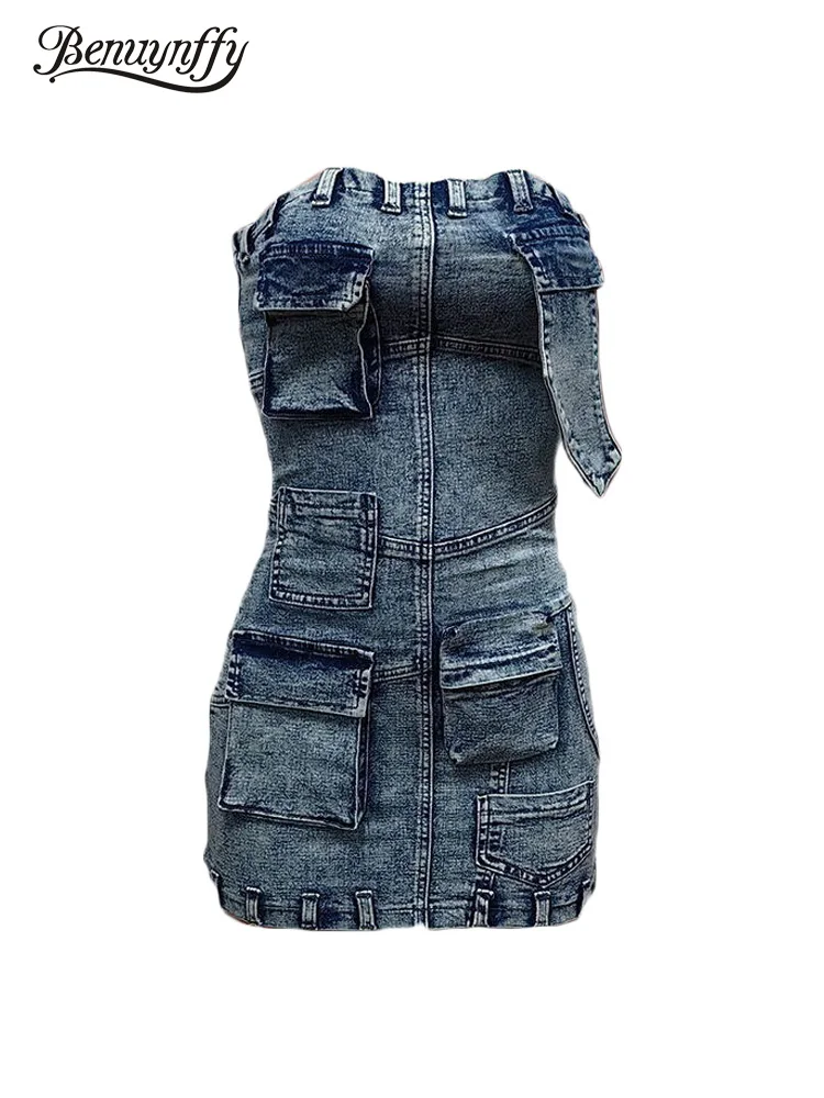 Benuynffy-Robe courte en denim cargo pour femme, streetwear sexy, fermeture éclair Y2K, poches arrière, batterie con, mini robes sans bretelles, été 2024