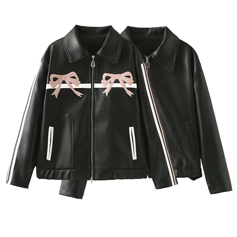 Fashion Bow PU Leather Loose Jacket Women Autumn Winter Long Sleeve Zipper Lapel Coats Streetwear Y2K Clothes Bomber Outwears