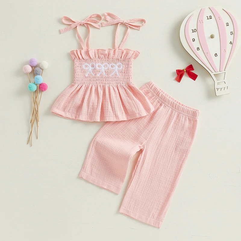 Toddler Newborn Baby Girls Summer Clothes Bow Embroidery Tie-Up Camisole Tops with Solid Long Pants 2Pcs Outfit