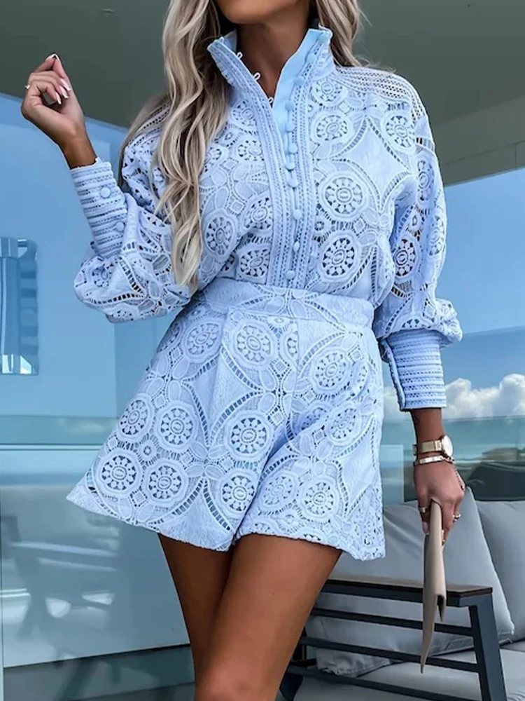 Fashion Embroidery Short Sets Women Spring Summer Long Sleeve Single Breasted Short Suits Ladies Elegant Casual 2 Pcs Outfits