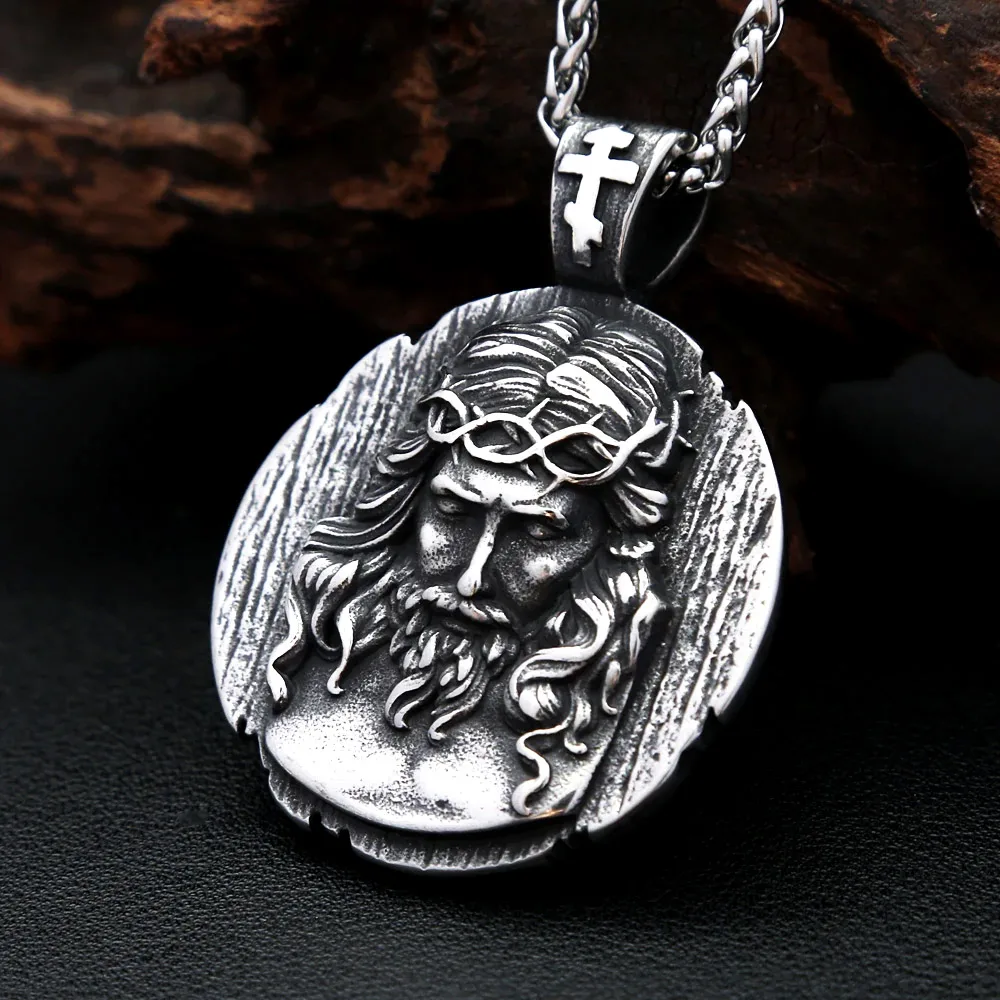 Retro Christian Jesus Stainless Steel Pendant Necklace Thorn Crown Cross Bail Lucky Amulet For Male Church Stylish Jewelry Gift