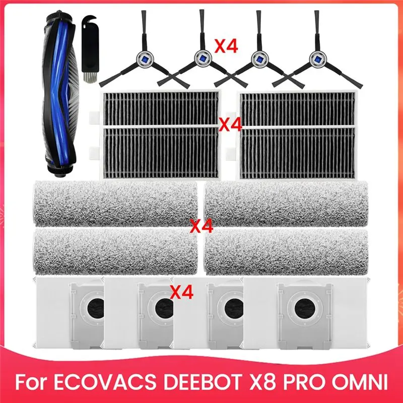 

Запасные части YCOC для робота-пылесоса ECOVACS DEEBOT X8 PRO OMNI: основная и боковые щетки, HEPA-фильтры, мешки для сбора пыли, салфетки для влажной уборки.