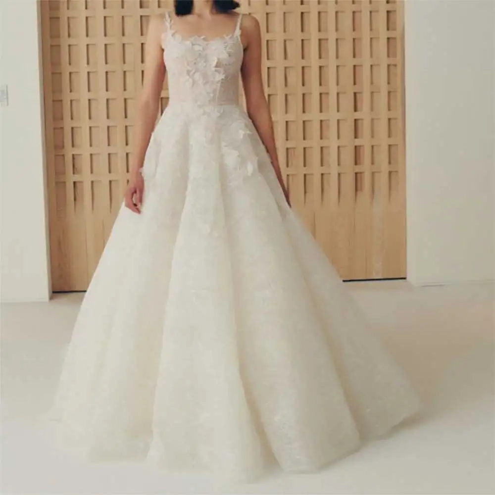 

Spaghetti Strap Lace Applique A-line Backless Bridal Gown Tulle Wedding Dress for Women Prom Party Formal Evening Dresses 2025