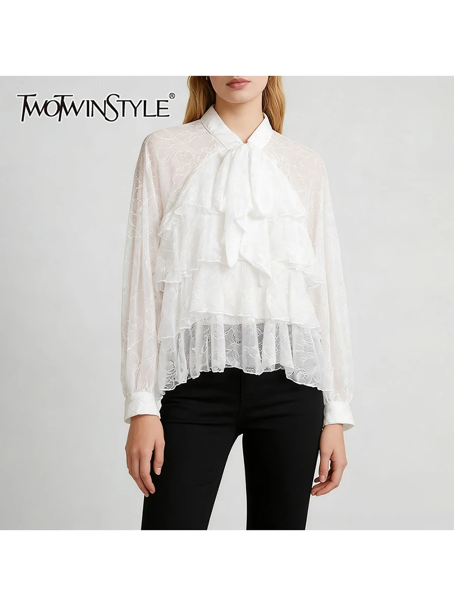 

TWOTWINSTYLE Solid Sheer Spliced Ruffles Elegant Blouses for Women Round Neck Long Sleeves Patchwork Lace Up Blouse Female New