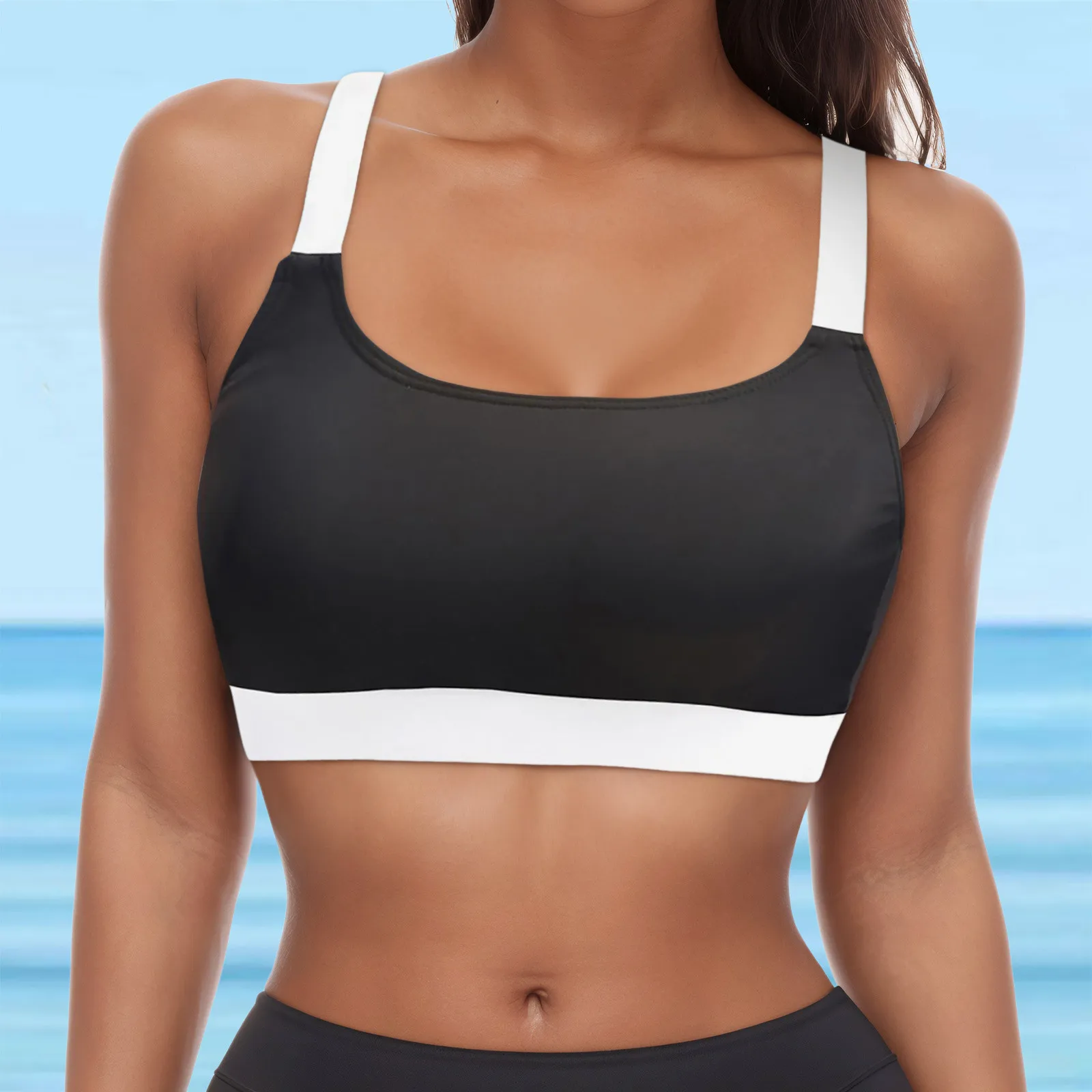 

Ladies Vest Style Split Swimsuit Tops Detachable Chest Cushion Solid Color Swim Crop Top Lace Up Push Up Bathing Suit For Women