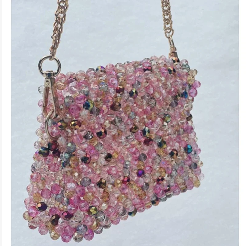 

Popular Mixed Color Pink Chain Women's Shoulder Bag Fashionable Flip Top Crossbody Handbag Handmade Acrylic Bead Custom Design