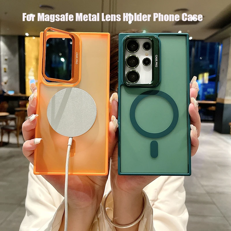 

For Magsafe Magnetic Wireless Charging Metal Lens Holder TPU Frame Phone Case For Samsung S24 Ultra Plus Matte PC Back Cover
